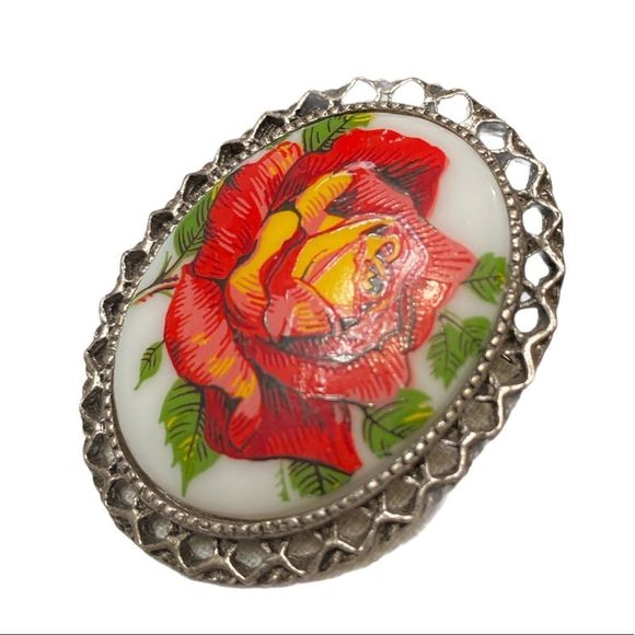 Vintage Silver Brooch With Porcelain Flower Cameo - Picture 7 of 12